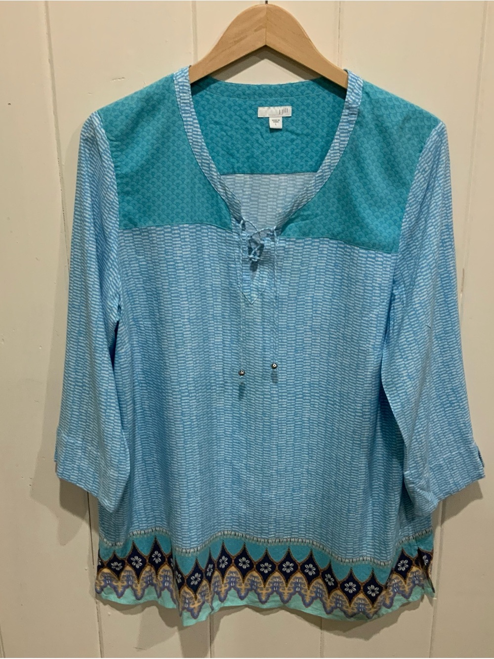 J. Jill Light Blue & Teal Patterned Split-Neck Tunic